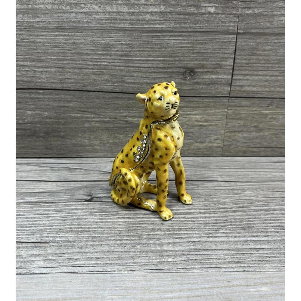 Enamel Cheetah Gold Tone Rhinestones Trinket Box Pill Box Magnetic Closure